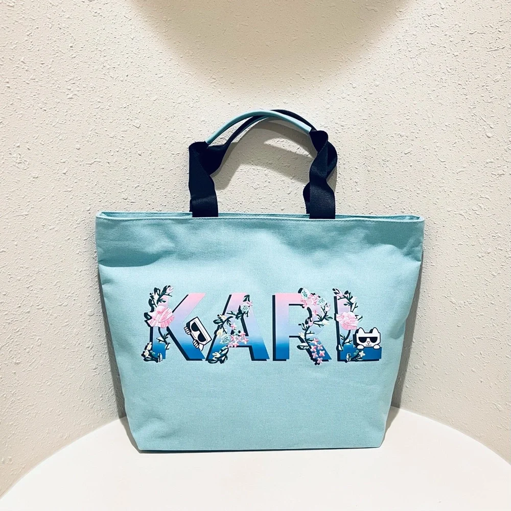 Karl Lagerfeld Paris Double Strap Canvas Floral Embroidered Logo Tote Bag NWT